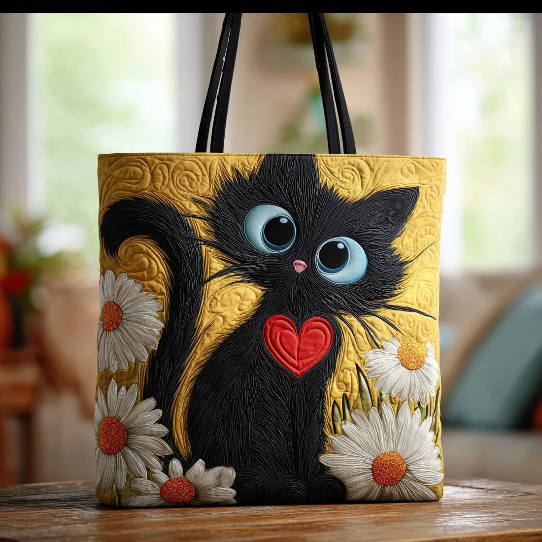 Ambachtelijke Tas - Zwarte Kat met Margrieten