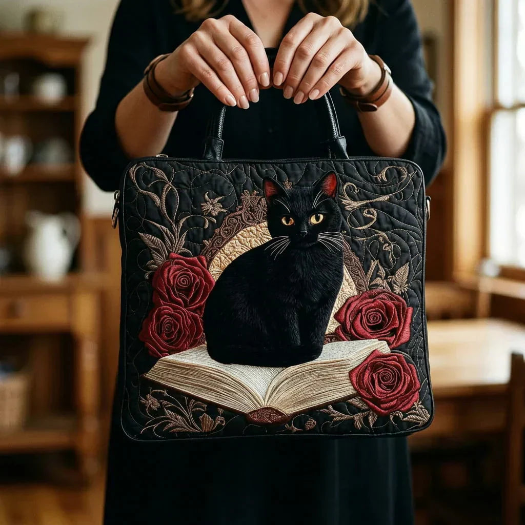 Ambachtelijke Gequilte Tas - Zwarte Kat op Boeken