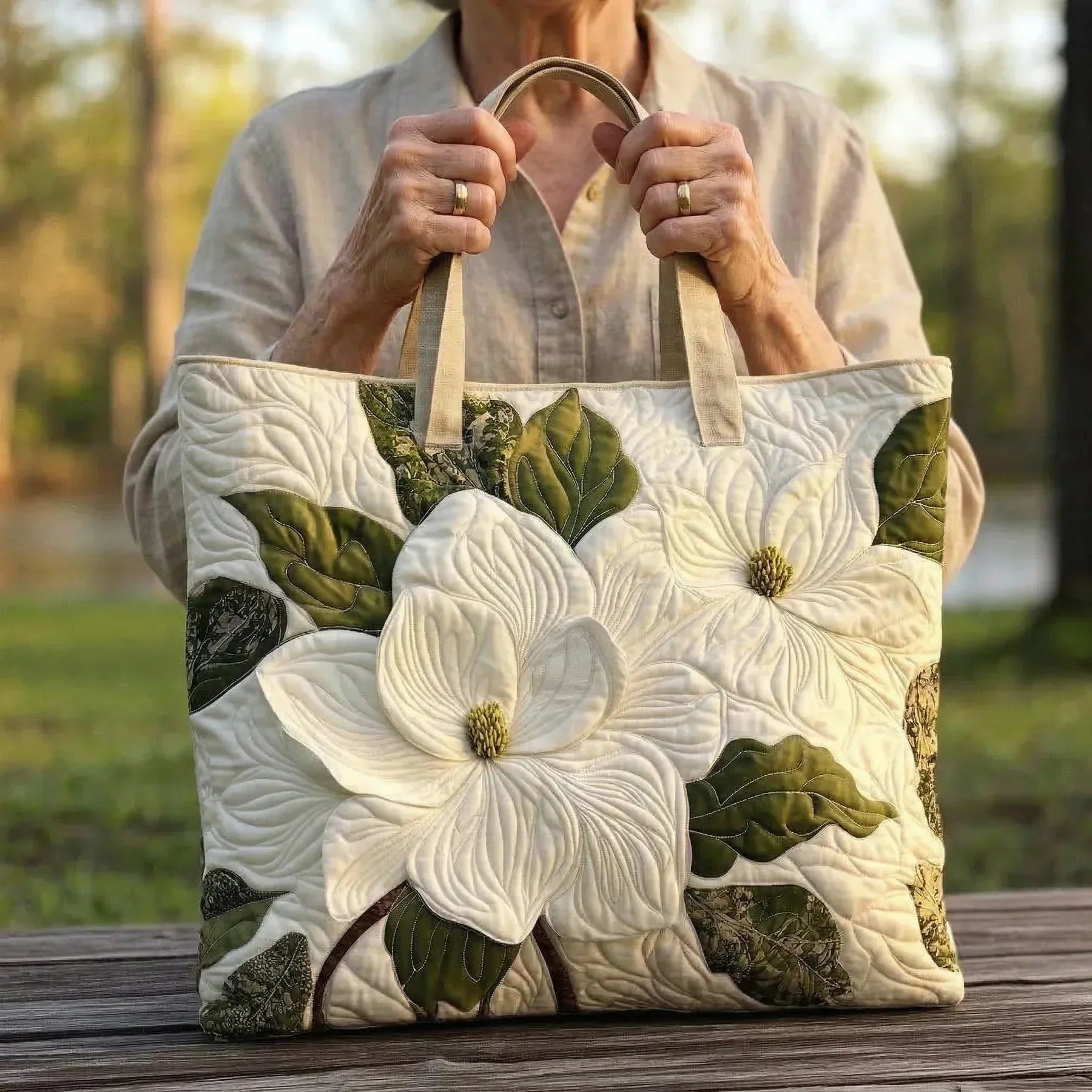 Ambachtelijke Gewatteerde Tas - Elegante Witte Lelies