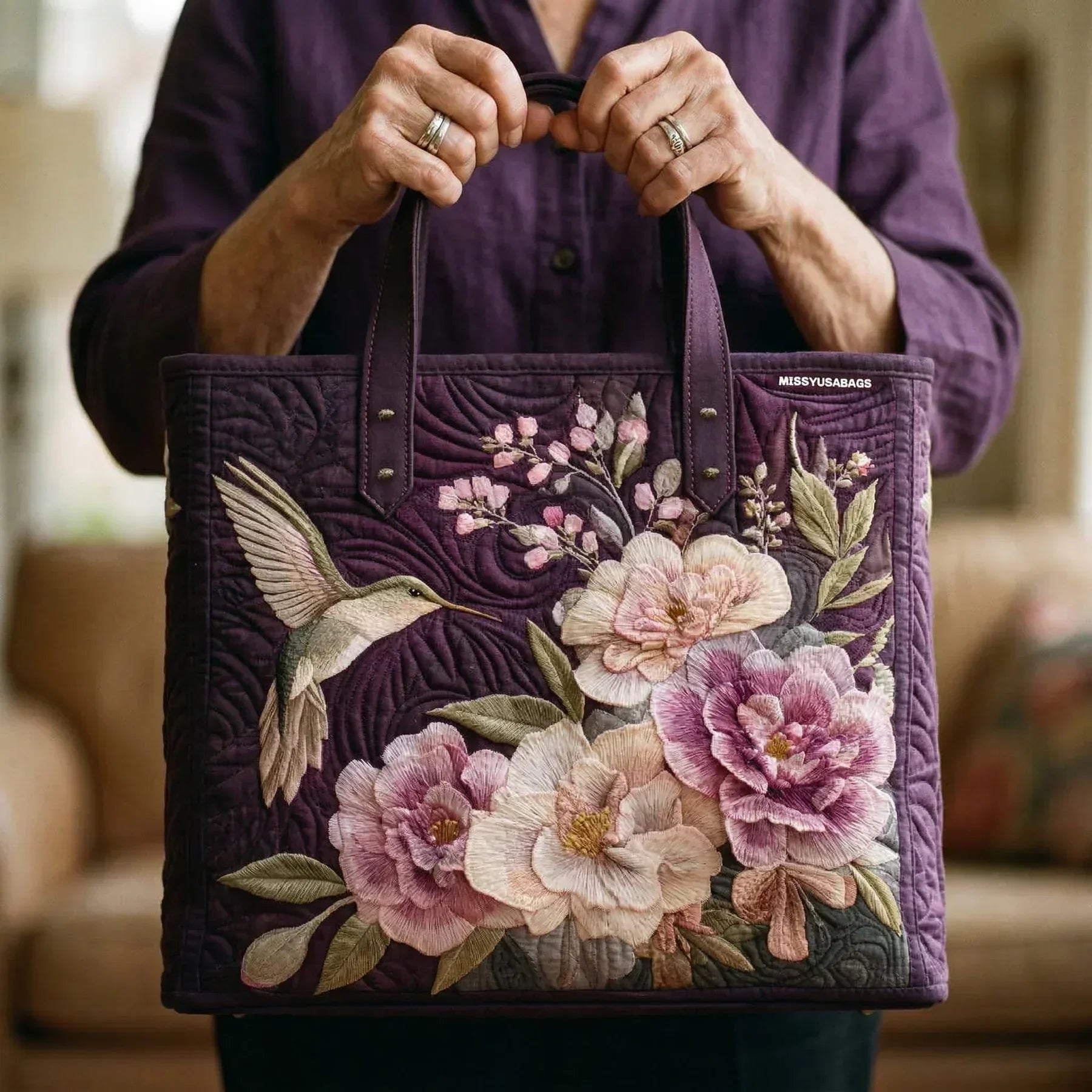 Handgemaakte Matelassé Tas - Kolibries en Orchideeën