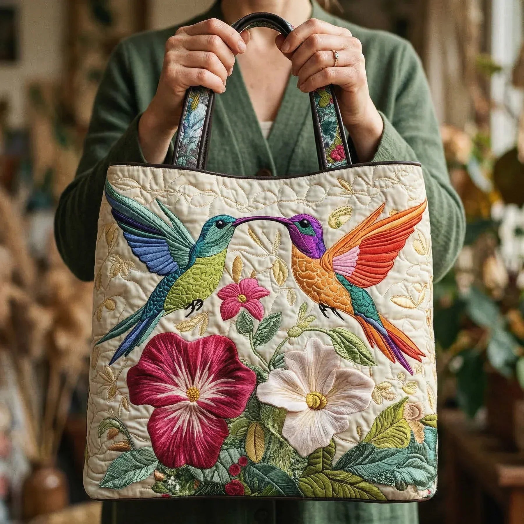 Gequilte Tas - Kolibri en Witte Bloemen