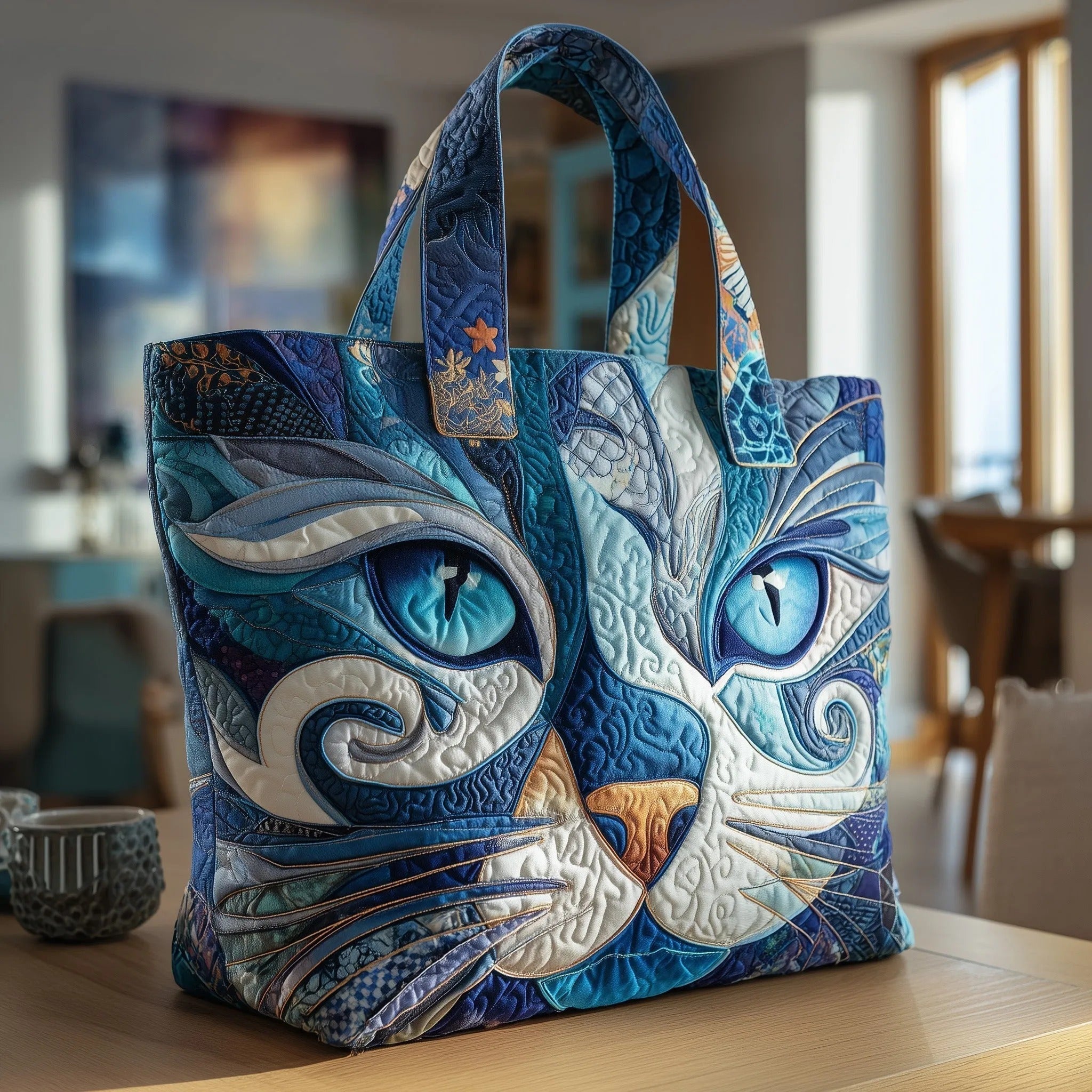 HANDTAS HANDGEMAAKT - BLAUWE KAT