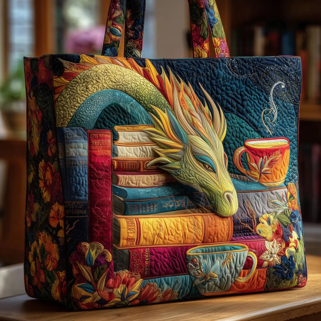 Ambachtelijke Tas - Draak Lezer met Boeken en Mokken