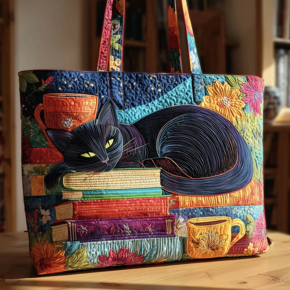 Ambachtelijke Tas - Zwarte Kat met Boeken en Tassen