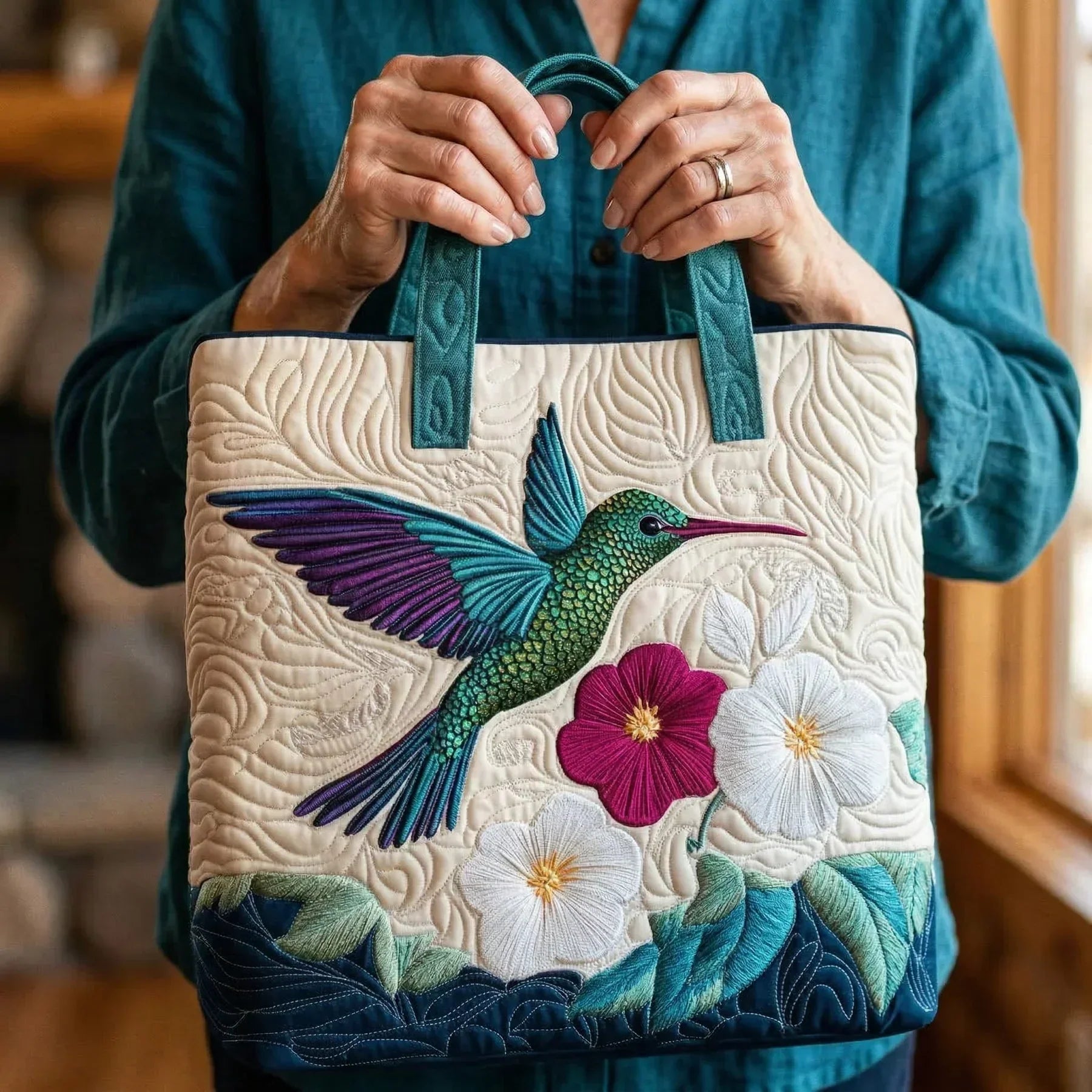 Gekleed Schoudertas - Kolibrie en Witte Bloem