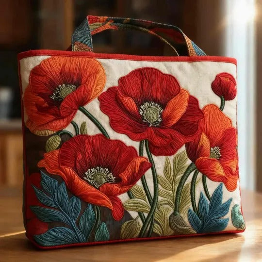 HANDTAS HANDGEMAAKT - ROODDE BLOEMEN